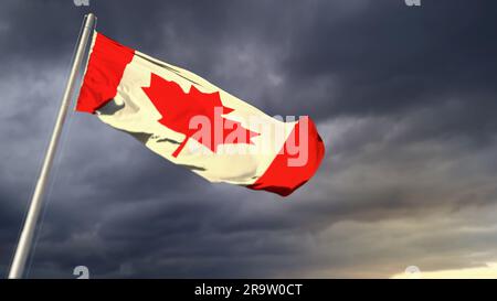 Süße kanadische Flagge auf dunklen Wolken im Hintergrund – abstrakte 3D-Abbildung Stockfoto