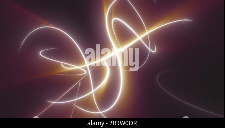 Abstrakte, mehrfarbige, leuchtende, magische Energielinien auf schwarzem Hintergrund. Stockfoto