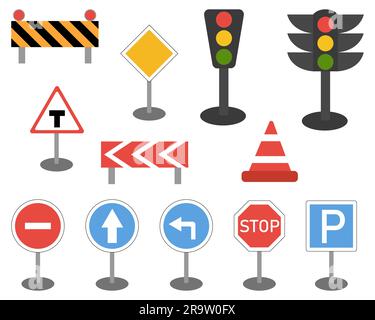 Eine Reihe von Verkehrsschildern und eine Ampel. Vektordarstellung auf weißem Hintergrund Stock Vektor