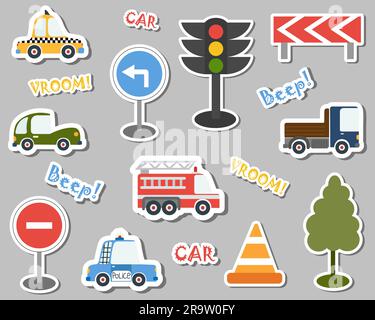 Ein Satz Autoaufkleber und Straßenschilder. Vektordarstellung Stock Vektor