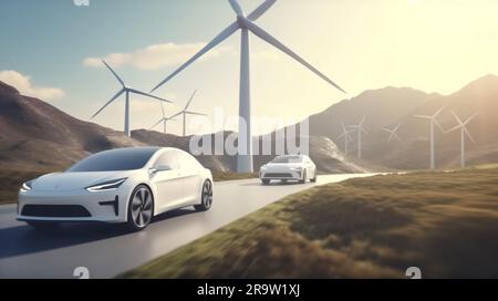 Elektrofahrzeuge und Windparks. Das Konzept des umweltfreundlichen Verkehrs der Zukunft und der grünen Energie. Elektroautos und Windgeneratoren. Stockfoto