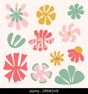 Set mit abstrakten Retro-Groovy-Blumen Hippie-Ästhetik 1960er, 1970er Stock Vektor