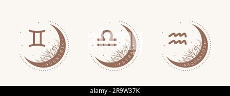 Gemini, libra, aquarius. Luftzodiac-Schilder im Bogo-Stil. Astrologische Symbole auf weißem Hintergrund. Geheimnisvoll und esoterisch. Horoskop-Vektordarstellung Stock Vektor