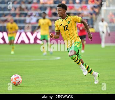 St. Louis, USA. 28. Juni 2023. Jamaika Forward Demarai Gray (12) nähert sich dem Ziel. Jamaika spielte am 28. Juni 2023 im CITY Park Stadium in St. Trinidad & Tobago in einem CONCACAF Gold Cup Gruppenspiel Louis, MO, USA. Foto: Tim Vizer/Sipa USA Kredit: SIPA USA/Alamy Live News Stockfoto