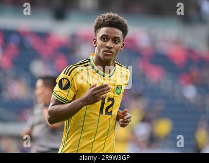 St. Louis, USA. 28. Juni 2023. Jamaika Forward Demarai Gray (12) feiert sein Halbzeittor. Jamaika spielte am 28. Juni 2023 im CITY Park Stadium in St. Trinidad & Tobago in einem CONCACAF Gold Cup Gruppenspiel Louis, MO, USA. Foto: Tim Vizer/Sipa USA Kredit: SIPA USA/Alamy Live News Stockfoto