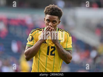 St. Louis, USA. 28. Juni 2023. Jamaika Forward Demarai Gray (12) feiert sein Halbzeittor. Jamaika spielte am 28. Juni 2023 im CITY Park Stadium in St. Trinidad & Tobago in einem CONCACAF Gold Cup Gruppenspiel Louis, MO, USA. Foto: Tim Vizer/Sipa USA Kredit: SIPA USA/Alamy Live News Stockfoto