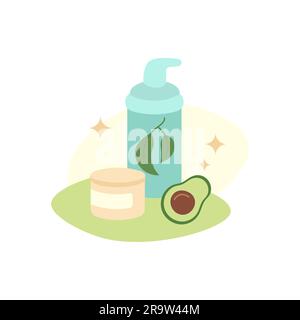 Natürliche Hautpflege mit Avocado-Extrakt. Selbstpflegeprodukte für Gesicht und Körper. Organische Kosmetiklotion, Feuchtigkeitscreme, Sahne. Hautpflege-Routine. Vektor Stock Vektor