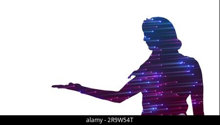 Silhouette einer Frau mit ausgestreckter Hand gefüllt mit leuchtenden blauen Lichtspuren auf weißem Hintergrund Stockfoto