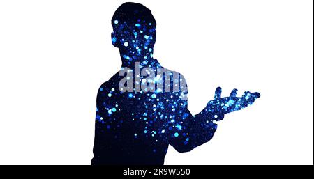 Silhouette eines Mannes mit ausgestreckter Hand gefüllt mit leuchtenden blauen Lichtflecken auf weißem Hintergrund Stockfoto