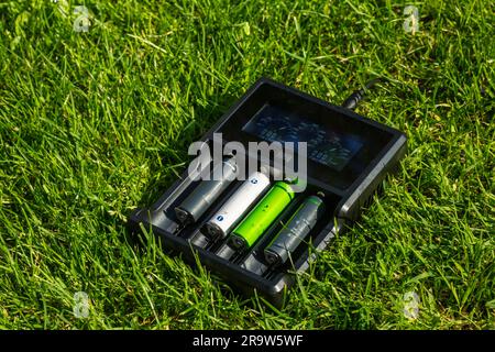 Schwarzes AA-Batterieladegerät mit wiederaufladbaren Alkali-Batterien auf dem Rasen. Der Akku wird geladen. Stockfoto
