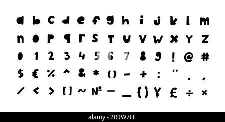 Unregelmäßige Formen Schwarze englische lateinische abc-Schriftart mit Ziffern und Symbolen handgefertigt Von A bis Z, 0 bis 9 Satz. Vektordarstellung im Doodle-Stil Isolat Stock Vektor