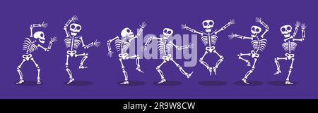 Skeletons dancing with different positions flat style design vector illustration set. Funny dancing Halloween or Day of the dead skeletons collection. Stock Vektor