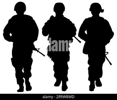 Eine Truppe Soldaten in Rüstung mit Maschinengewehren, Vorderansicht. Schwarze Silhouette, Vektordarstellung 10 Stock Vektor