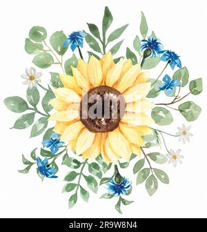 Sonnenblumen, Strauß und blaue Wolfsblumen, wasserfarbene handbemalte Komposition Stockfoto