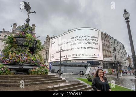 Piccadilly Circus, London, Großbritannien. 29. Juni 2023. Art of London feiert die Rückkehr von Art After Dark mit einer neuen, beleuchteten öffentlichen Kunstattraktion, die den Piccadilly Circus für zwei Tage verwandelt. Der Shaftesbury Memorial Fountain wurde mit Tausenden von Blumen dekoriert und beruhigende Videokunst wird auf die Piccadilly Lichter projiziert, da über 40 Kunstgalerien am Donnerstag, den 29. Und Freitag, den 30. Juni, für das zweitägige Kulturprogramm geöffnet sind. Bild: Visuelle Künstlerin Amelia Kosminsky neben der Installation und Piccadilly Lights als Videobildschirme. Kredit: Malcolm Park/Alamy Live News Stockfoto