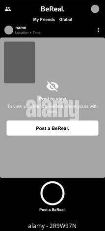 Charkiv, Ukraine - 18. Juni 2023. Vektordarstellung der BeReal-Modellerstellung nach der Vorlage. Be Real – Abbildung des Post-Frames in sozialen Medien. . Stock Vektor
