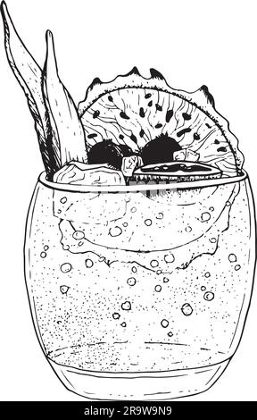 Sommercocktail oder Limonade mit Drachenfruchtscheibe, Beeren und Eiswürfeln, Vektorlinien, Abbildung des Menüs Stock Vektor