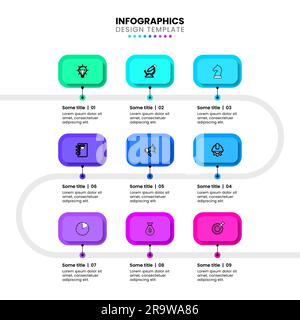 Infografik-Vorlage mit Symbolen und 9 Optionen oder Schritten. Linie. Kann für Workflow-Layout, Diagramm, webdesign verwendet werden. Vektordarstellung Stock Vektor