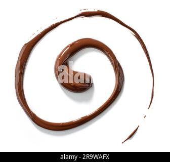 Geschmolzener Schokoladenwirbel isoliert auf weißem Hintergrund, Draufsicht Stockfoto