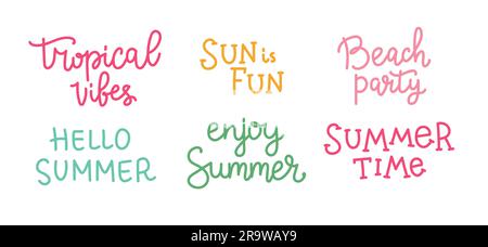 Sommer-Schriftzug-Set, Zitate für Designs und Drucke, tropische Sommerzeit, Strandparty. Handgezeichnete Vektordarstellung Stock Vektor
