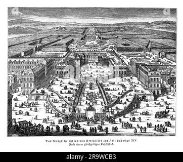 Das Schloss von Versailles war die wichtigste königliche Residenz Frankreichs von 1682 bis zur Französischen Revolution im Jahr 1789. Es war ursprünglich eine kleine Jagdhütte, die 1623 von Louis XIII erbaut wurde, wurde jedoch von seinem Sohn Louis XIV, der den französischen Hof und die französische Regierung 1682 dorthin verlegte, umfassend erweitert und umgestaltet. Der Palast und seine riesigen Gärten wurden entworfen, um die absolute Macht des Königs und die Pracht Frankreichs zu demonstrieren. Sie wurde über ein Jahrhundert lang zum Symbol der französischen Monarchie und zum Zentrum des französischen politischen und kulturellen Lebens. Der Palast verfügt über zahlreiche Säle, Apartments und Kapellen, ein Stockfoto