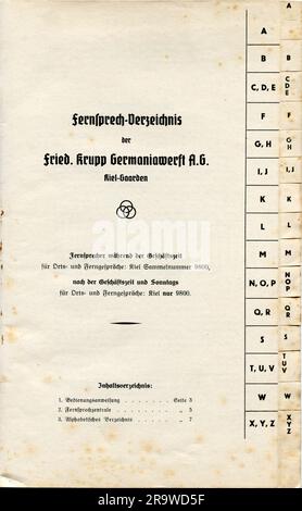 Buch, Telefonbuch der Friedrich Krupp Germaniawerft AG, Kiel-Gaarden, später 1930er, Titelseite, REDAKTIONELL-USE-ONLY Stockfoto