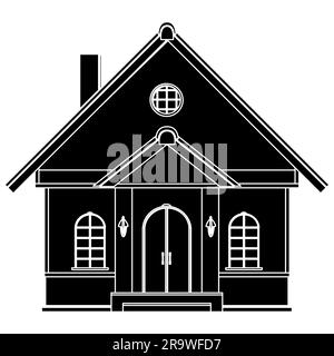 Schwarze Silhouette eines einstöckigen Hauses mit Veranda und Baldachin isoliert auf weißem Hintergrund. Vektor-Clipart. Stockfoto