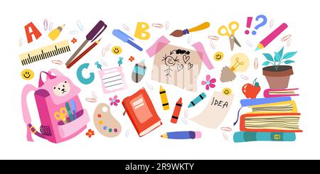 Schulzubehör Set mit Vektorrucksack, Bleistiften, Pinseln, Farben, Lineal, Bücher und Klebstoff. Zurück in die Schule. Stock Vektor
