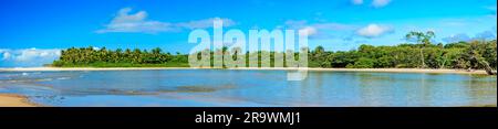 Panoramafotos mit dem Fluss, Mangroven und dem Strand neben dem Regenwald von Serra Grande an der Küste von Bahia Stockfoto