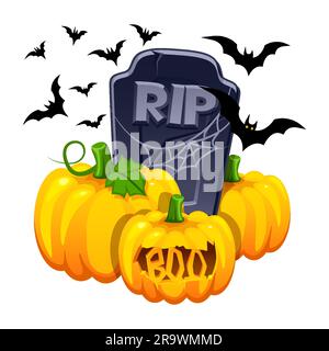 Halloween-Illustration mit Kürbissen, Grabstein und Fledermäusen Stock Vektor