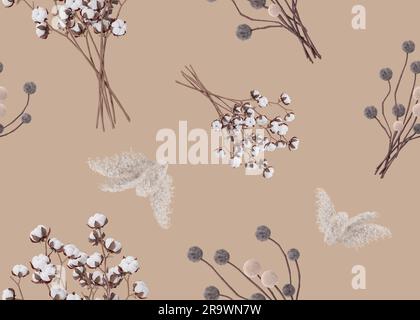 Nahtloses Muster mit Pampasgras und getrockneten Pflanzen. Geeignet für Stoffdruck, Textil, Geschenkpapier, Tapeten. Botanischer Hintergrund mit getrocknetem Stockfoto