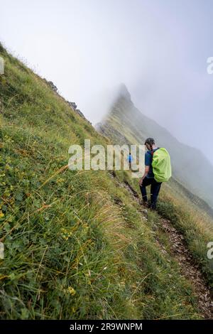 Kletterer auf einem schmalen Hügel, steile, grasbedeckte Berge im Nebel, Marwes, Saentis, Appenzell Ausserrhoden, Appenzell Alpen, Die Schweiz Stockfoto