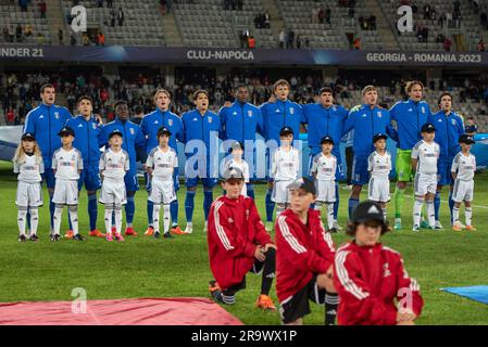 Cluj Napoca, Rumänien. 28. Juni 2023. Das Italien U21-Team während der dritten Qualifikationsrunde UEFA European under-21 Championship 2023-Fußballspiel Schweiz U21 gegen Frankreich U21 im CFR Cluj Stadium in Cluj Napoca, Rumänien, 28. Juni 2023 Kredit: Independent Photo Agency/Alamy Live News Stockfoto