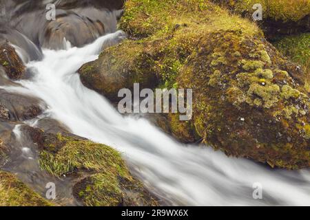 Ein Bergbach am Fuße des Hafrafell-Wasserfalls in den Bergen bei Stykkisholmur, Halbinsel Snaefellsnes, westlich von Island. Stockfoto