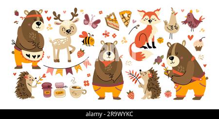 Süßes Herbsttier-Set. Bunte Herbstfiguren - Bär, Fuchs, Hirsch, Igel, Vogel. Vektordarstellung. Stock Vektor