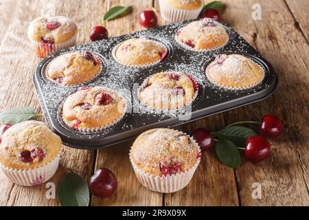 Muffins mit frischen Kirschen mit Puderzucker in einer Muffindose auf dem Tisch. Horizontal Stockfoto