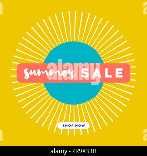 Sommerangebot. Schaltfläche „Jetzt kaufen“. Für Beiträge in sozialen Medien, Werbebanner oder Werbung. Vektordarstellung, flaches Design Stock Vektor