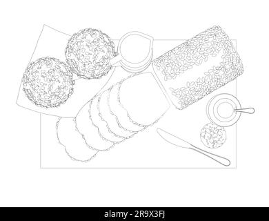 Zeichnungen von Frühstückstilen. Von Hand gezogenes Vector-Frühstück. Eine Kanne Milch, eine Kaffeekanne, eine Tasse, Saft, ein Sandwich. Pfannkuchen, Toast mit Marmelade zum Design Stock Vektor