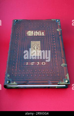 Alte bibel in Leder gebunden, Gutenberg-bibel imitiert, Buch, ausgeschnitten, Objekt Stockfoto