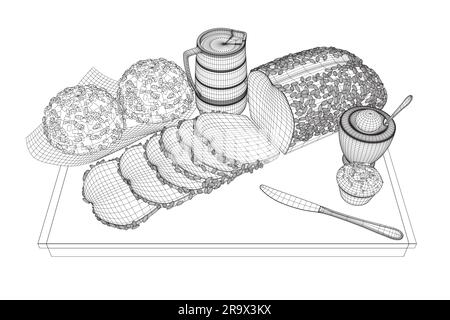 Zeichnungen im Frühstücksstil mit Drahtmodellen. Von Hand gezogenes Vector-Frühstück. Eine Kanne Milch, eine Kaffeekanne, eine Tasse, Saft, ein Sandwich. Pfannkuchen, Toast mit Marmelade zum Desig Stock Vektor