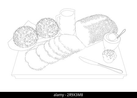 Zeichnungen von Frühstückstilen. Von Hand gezogenes Vector-Frühstück. Eine Kanne Milch, eine Kaffeekanne, eine Tasse, Saft, ein Sandwich. Pfannkuchen, Toast mit Marmelade zum Design Stock Vektor