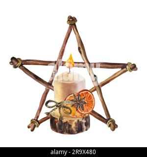 Aquarelle Weihnachtszeichnung, Holzstern, Dekoration im Bo-Stil mit Kerze. Illustration des Neujahrs im Winter isoliert auf weißem Hintergrund Stockfoto