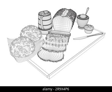 Zeichnungen im Frühstücksstil mit Drahtmodellen. Von Hand gezogenes Vector-Frühstück. Eine Kanne Milch, eine Kaffeekanne, eine Tasse, Saft, ein Sandwich. Pfannkuchen, Toast mit Marmelade zum Desig Stock Vektor