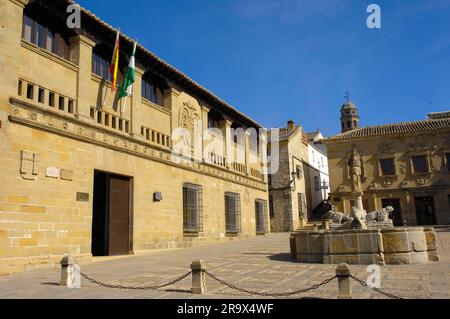 Löwenbrunnen, alte Metzgerei 'Antigua Carniceria', Plaza del Populo, Baeza, Jaen, Andalusien, Spanien, Löwenbrunnen Stockfoto