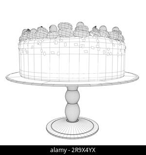 Drahtmodell-Kuchen. Geburtstagskuchen im Konturlinienzeichenstil. Traditioneller Geburtstagskuchen auf der Oberseite minimalistische schwarze lineare Skizze isoliert auf Weiß Stock Vektor