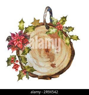 Handgefertigte weihnachtliche Holzdekoration mit Holzscheiben und Poinsettia-Blumen und -Blättern. Rustikale Aquarell-Darstellung isoliert auf weißem Hintergrund. Stockfoto