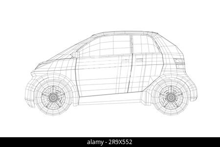 Vektordarstellung eines kleinen Drahtmodells. Stadtfahrplan. Leere Vorlage für Kompaktwagen für Branding oder Werbung. Lebensmittellieferwagen. 3D. Stock Vektor