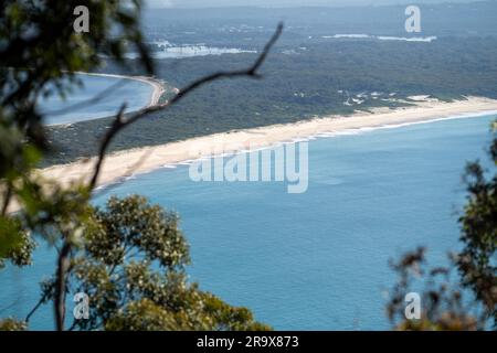 Im Frühling blickt ihr in einem Nationalpark am hawksnest australia auf die Meereslandschaft des Strandes Stockfoto