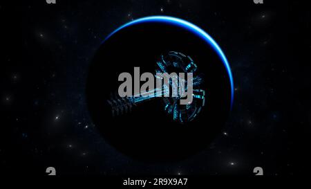 Die Raumstation wandert durch den Weltraum auf der Suche nach einem Planeten, der lebensfähig ist. Raumschiff nahe dem blauen Planeten zwischen Sternen und Galaxien. 3D-Rendern Stockfoto