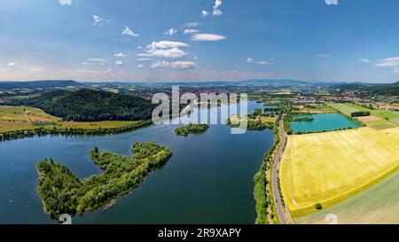 Luftaufnahme, Werratalsse mit Insel, im Hinterbezirk Eschwege, Werra-Meissner Kreis, Nordhessen, Hessen, Deutschland Stockfoto